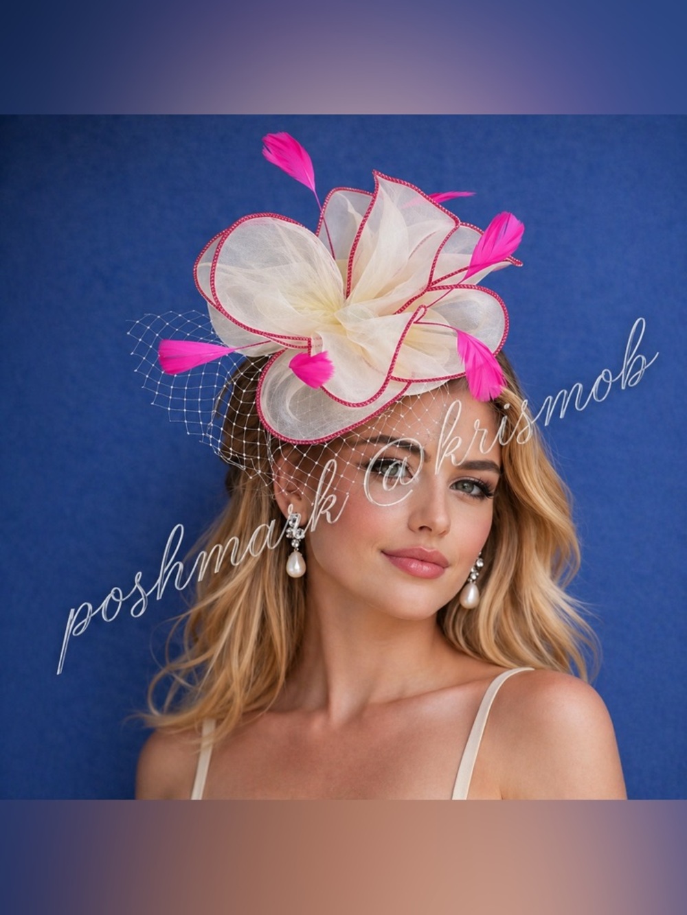 Kentucky Derby Tea Church Race Day Hat Pink Fascinator with Navy Accents
